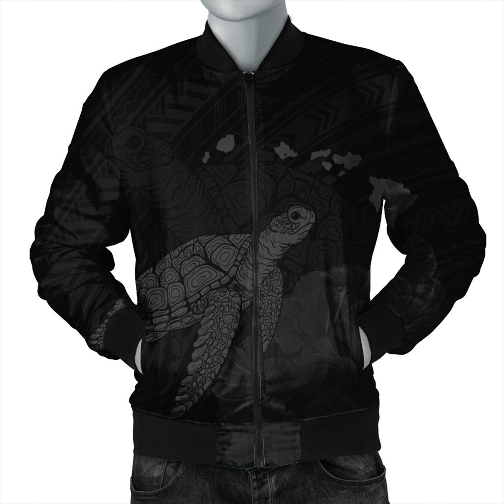 Hawaii Polynesian Hibiscus Turtle Map Bomber Jacket Grey - AH Black Unisex - Polynesian Pride