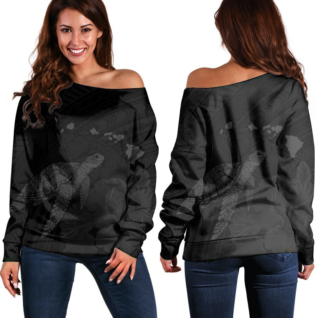 Hawaii Polynesian Hibiscus Turtle Map Women's Off Shoulder Sweater Grey - AH Black - Polynesian Pride