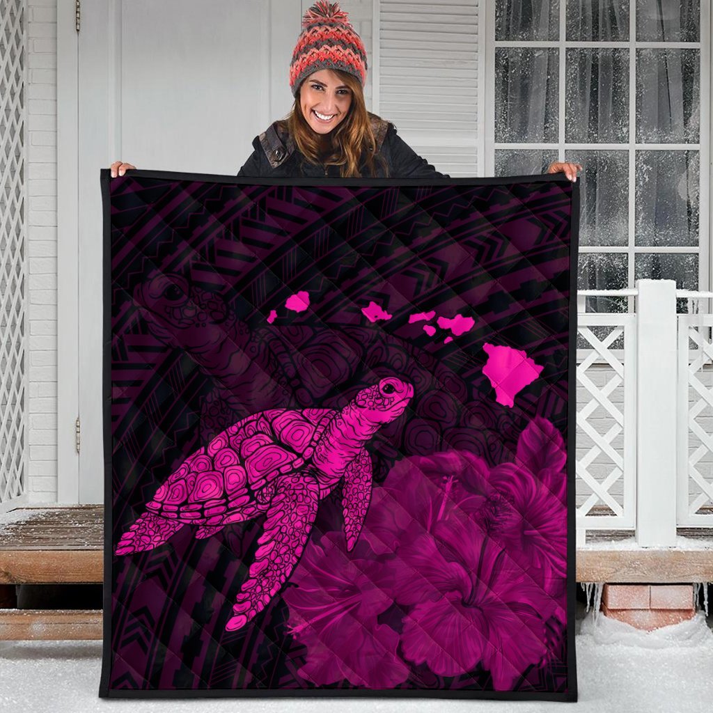 Hawaii Polynesian Hibiscus Turtle Map Premium Quilts Pink - AH - Polynesian Pride