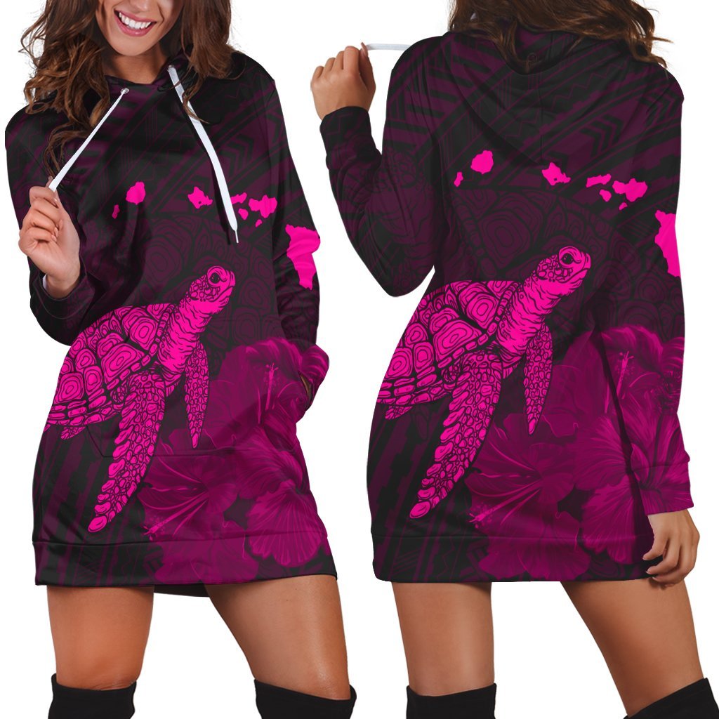 Hawaii Polynesian Hibiscus Turtle Map Hoodie Dress Pink - AH Black - Polynesian Pride