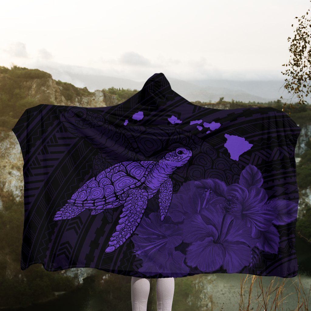 Hawaii Polynesian Hibiscus Turtle Map Hooded Blanket Purple - AH - Polynesian Pride