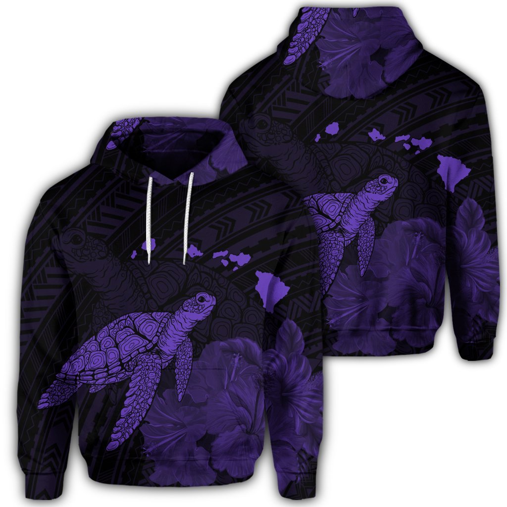 Hawaiian Polynesian Hibiscus Turtle Map Hoodie Purple Unisex Art - Polynesian Pride