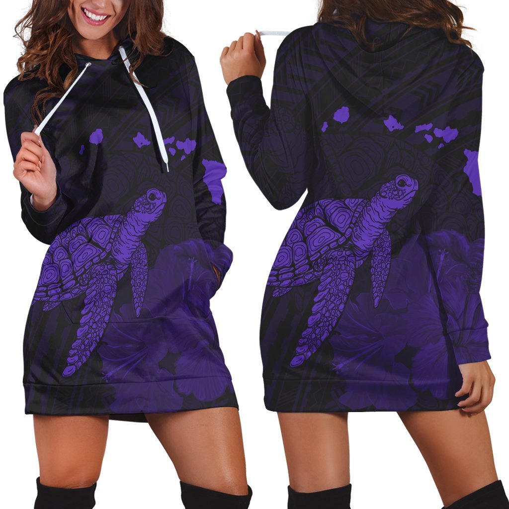 Hawaii Polynesian Hibiscus Turtle Map Hoodie Dress Purple - AH Black - Polynesian Pride