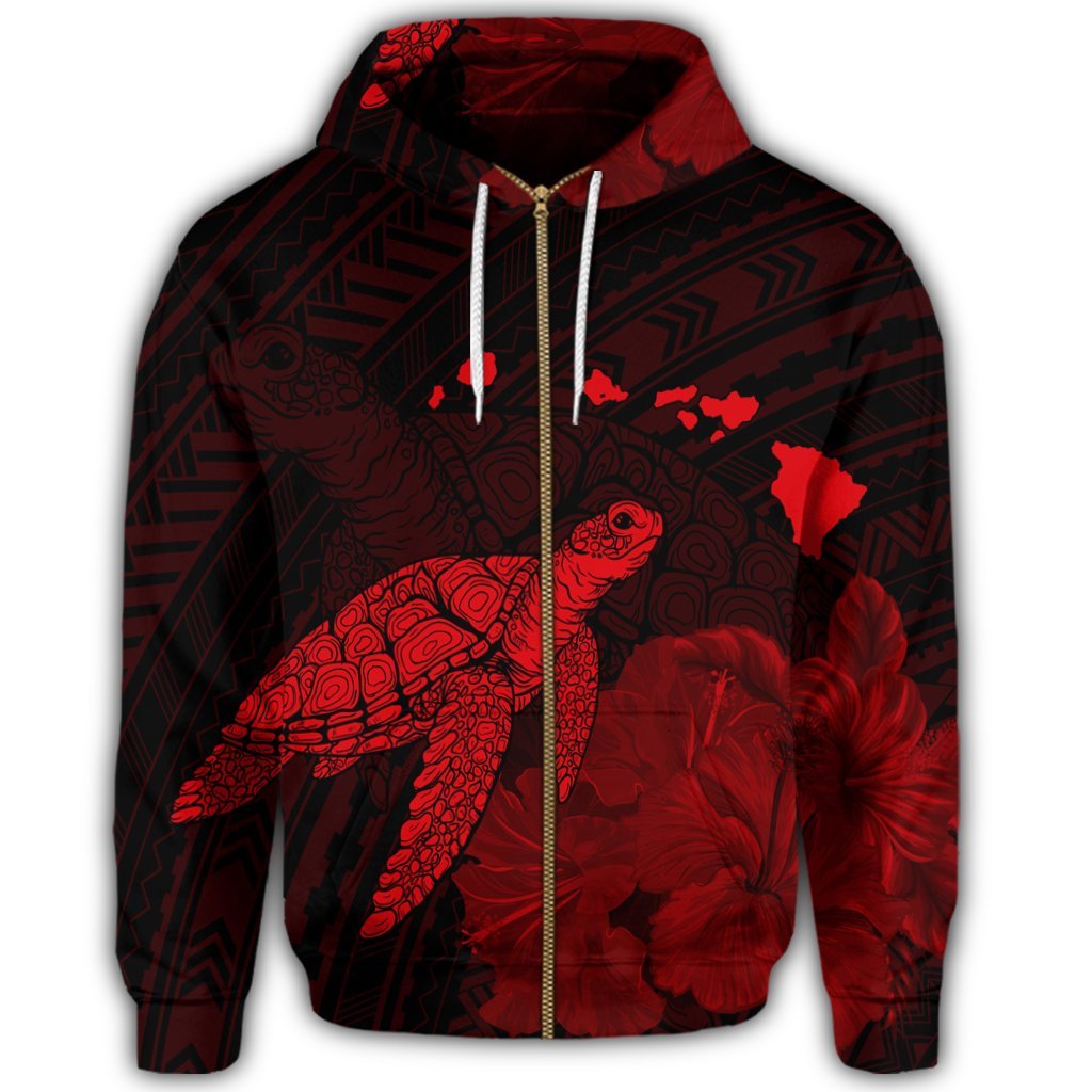 Hawaii Polynesian Hibiscus Turtle Map Zip Hoodie Red - Polynesian Pride