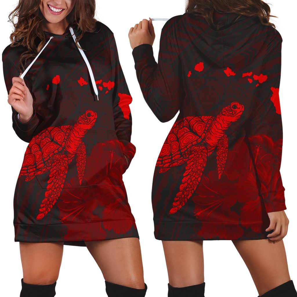 Hawaii Polynesian Hibiscus Turtle Map Hoodie Dress Red - AH Black - Polynesian Pride