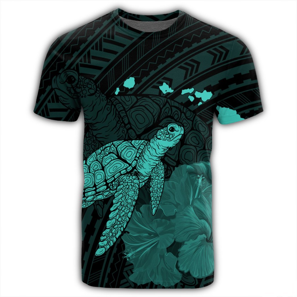 Hawaii Polynesian Hibiscus Turtle Map T Shirt Turquoise - Polynesian Pride