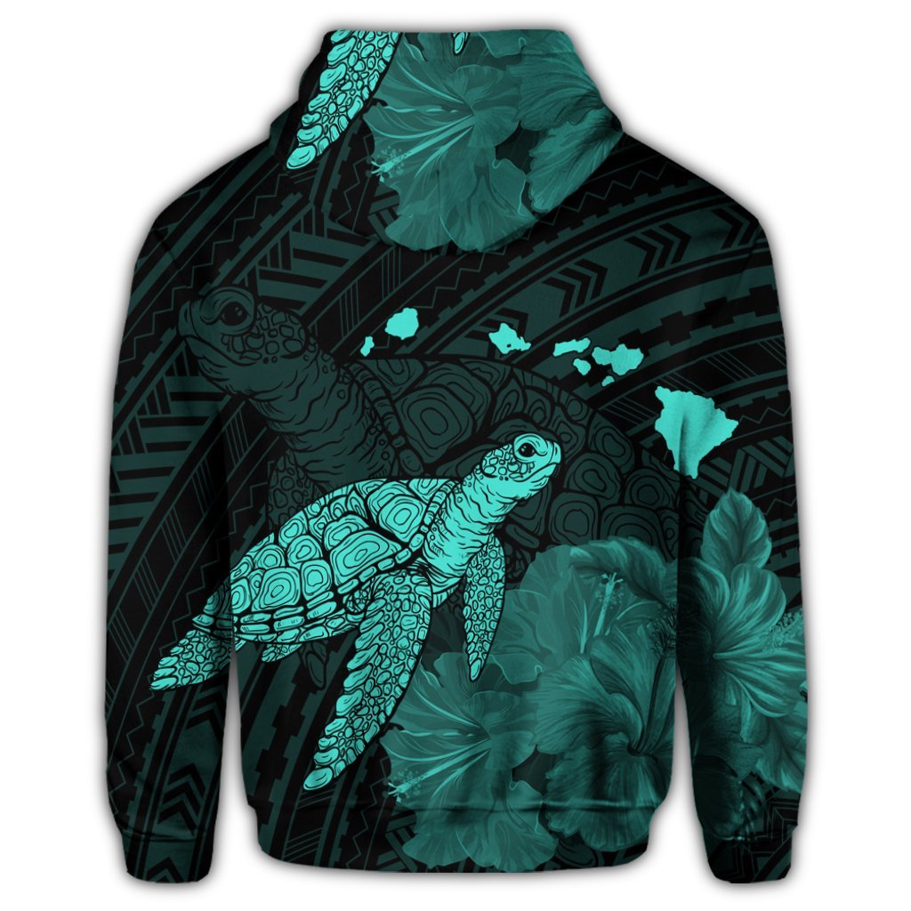 Hawaiian Polynesian Hibiscus Turtle Map Hoodie Turquoise - Polynesian Pride