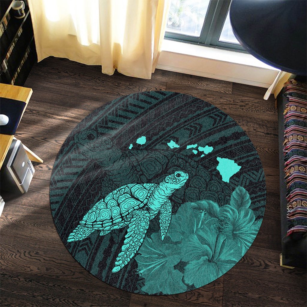 Hawaii Polynesian Hibiscus Turtle Map Round Carpet Turquoise - AH - Polynesian Pride