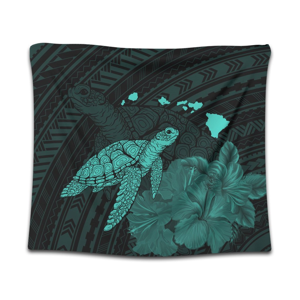 Hawaii Polynesian Hibiscus Turtle Map Tapestry Turquoise - AH Wall Tapestry Black - Polynesian Pride