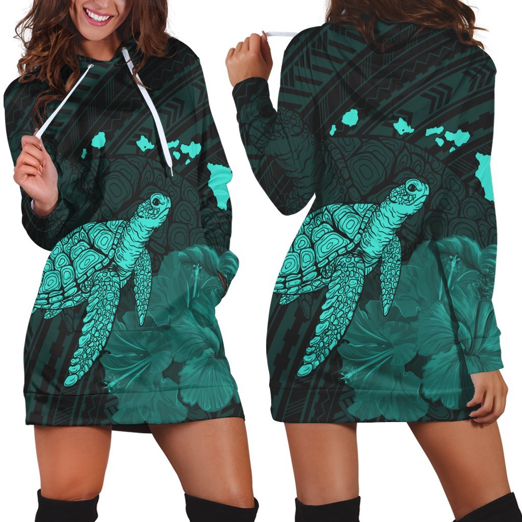 Hawaii Polynesian Hibiscus Turtle Map Hoodie Dress Turquoise - AH Black - Polynesian Pride