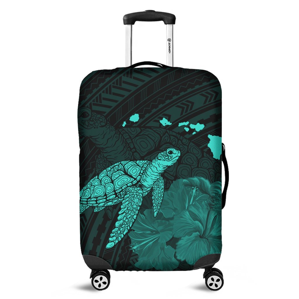 Hawaii Polynesian Hibiscus Turtle Map Luggage Covers Turquoise - AH Black - Polynesian Pride