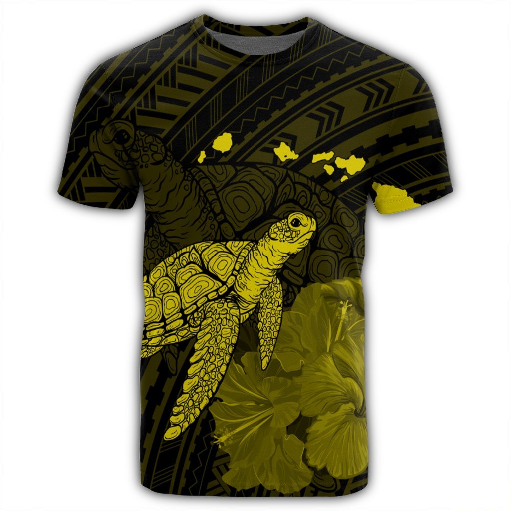 Hawaii Polynesian Hibiscus Turtle Map T Shirt Yellow - Polynesian Pride