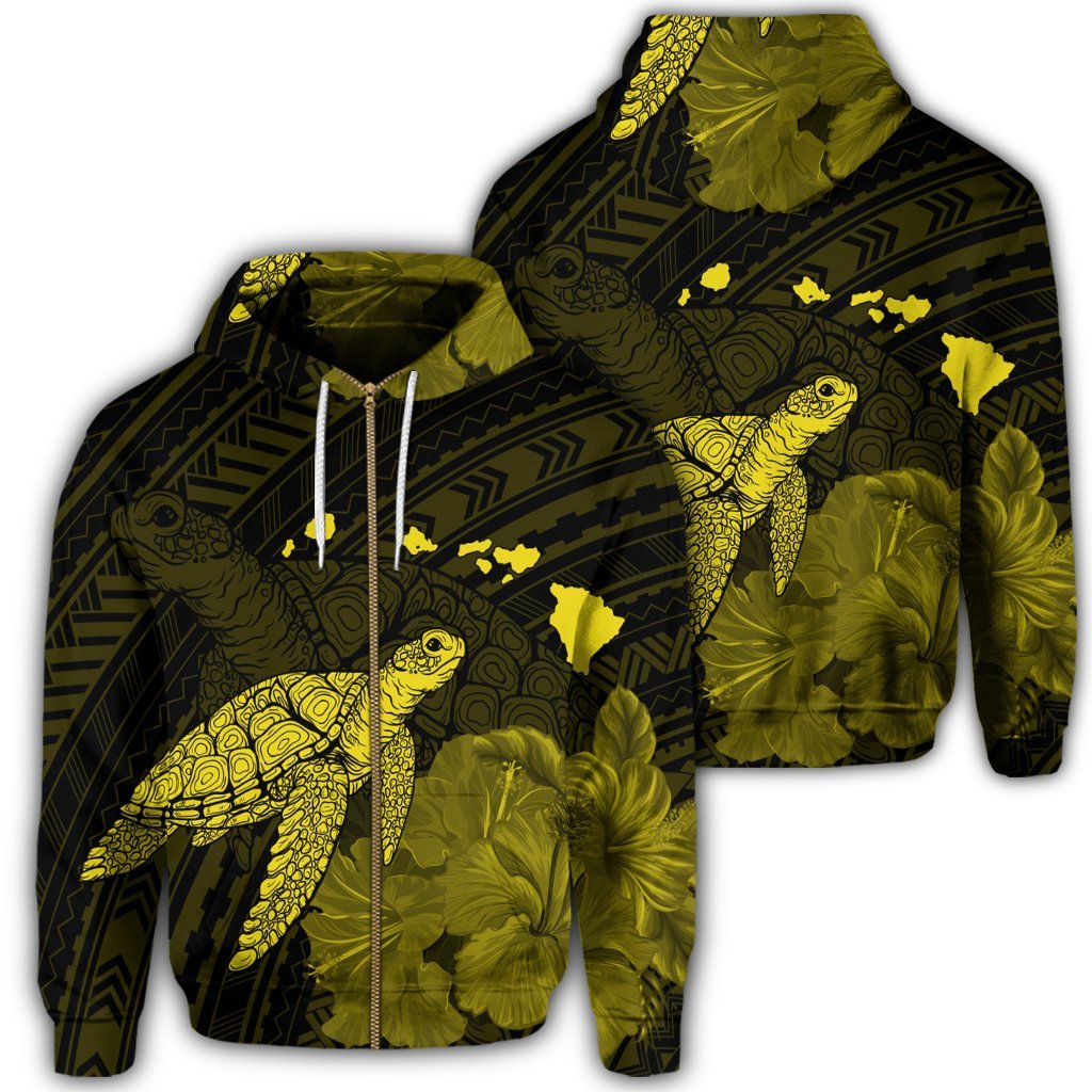 Hawaii Polynesian Hibiscus Turtle Map Zip Hoodie Yellow Unisex Art - Polynesian Pride