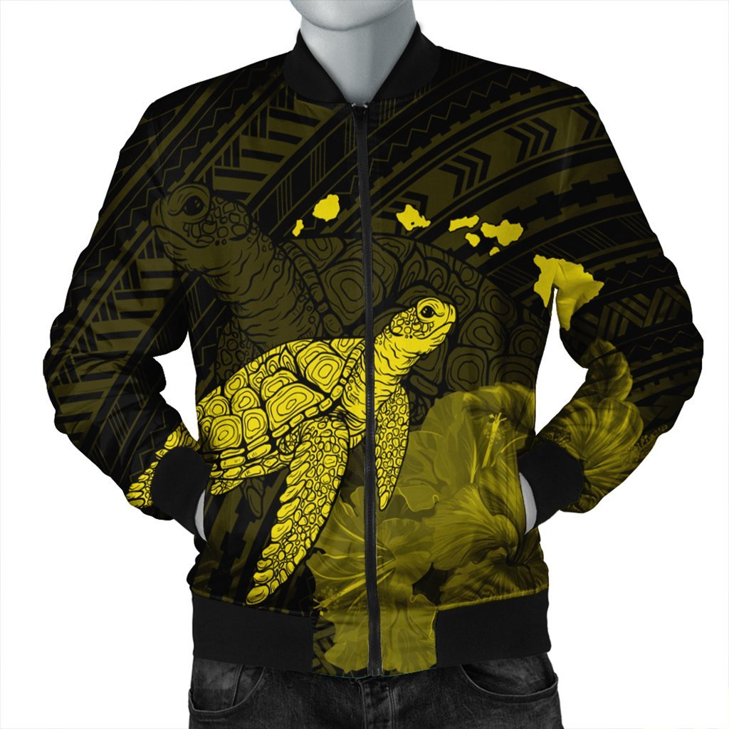 Hawaii Polynesian Hibiscus Turtle Map Bomber Jacket Yellow - AH Black Unisex - Polynesian Pride