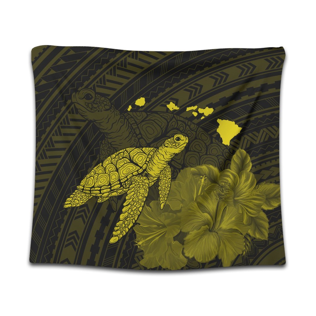 Hawaii Polynesian Hibiscus Turtle Map Tapestry Yellow - AH Wall Tapestry Black - Polynesian Pride