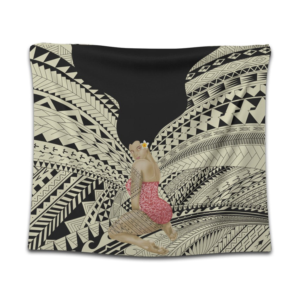 Hawaii Polynesian Hula Girl Wearing Plumeria Tapestry - AH Wall Tapestry Black - Polynesian Pride