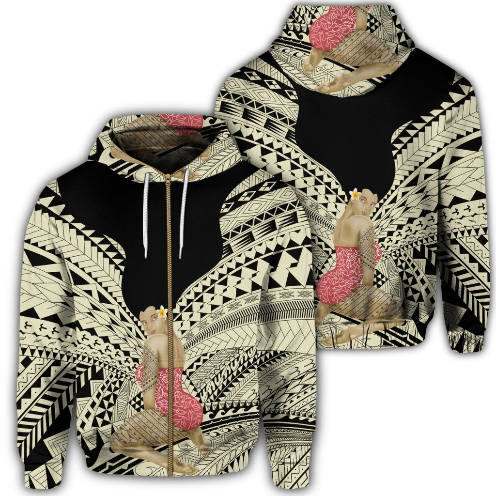 Hawaii Polynesian Hula Girl Wearing Plumeria Zip Hoodie Unisex Art - Polynesian Pride