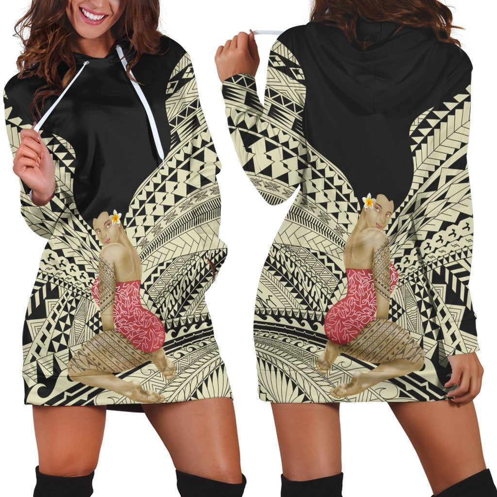 Hawaii Polynesian Hula Girl Wearing Plumeria Hoodie Dress - AH Black - Polynesian Pride