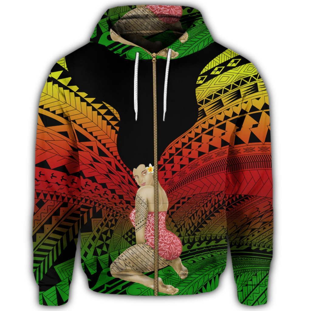 Hawaii Polynesian Hula Girl Wearing Plumeria Zip Hoodie Reggae - Polynesian Pride