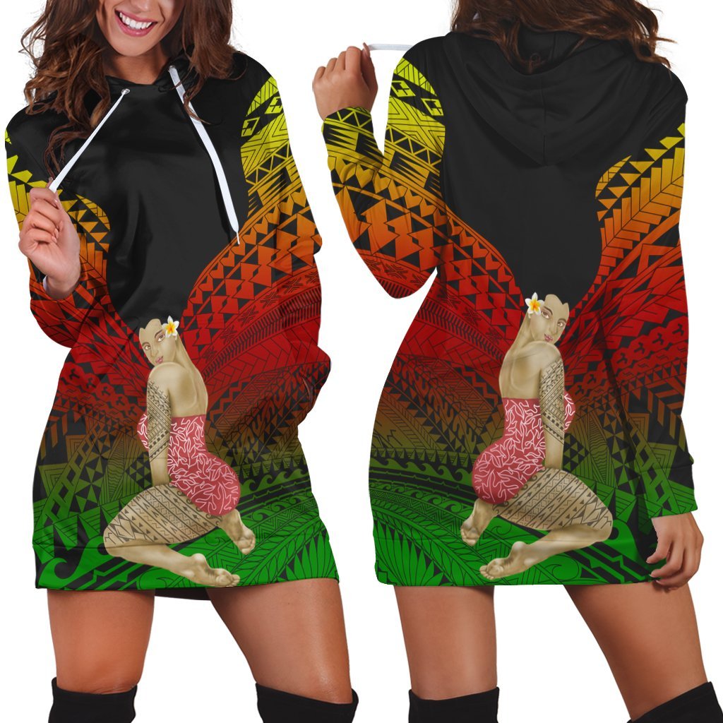 Hawaii Polynesian Hula Girl Wearing Plumeria Hoodie Dress Reggae - AH Black - Polynesian Pride