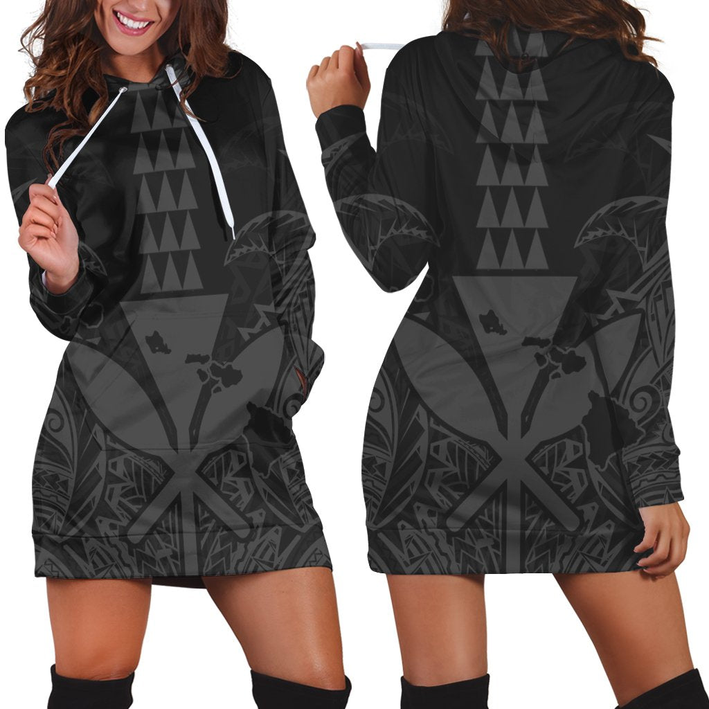 Hawaii Polynesian Kanaka Kakau Hoodie Dress - Alan Style Gray - AH Black - Polynesian Pride