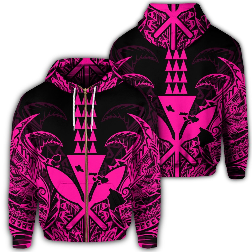 Hawaii Polynesian Zip Hoodie Kanaka Kakau Alan Style Pink Unisex Art - Polynesian Pride