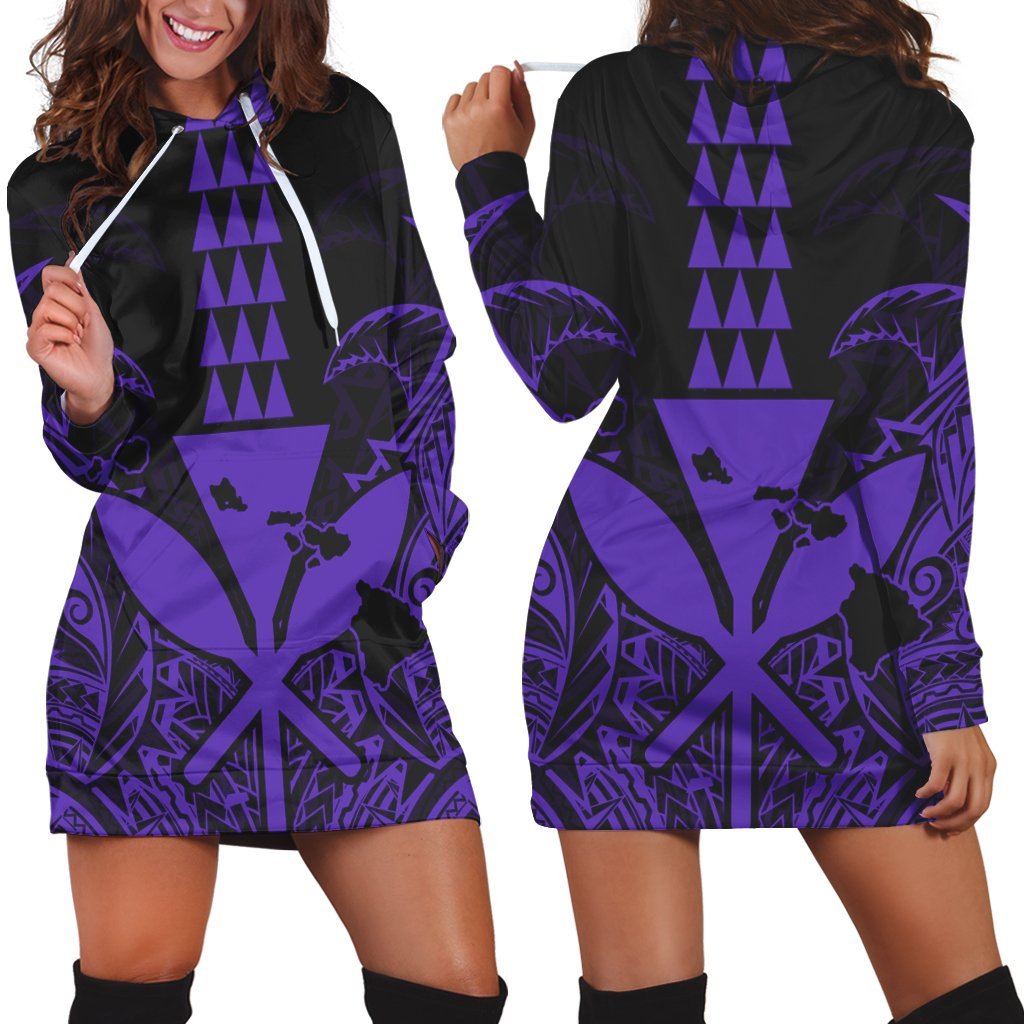 Hawaii Polynesian Kanaka Kakau Hoodie Dress - Alan Style Purple - AH Black - Polynesian Pride