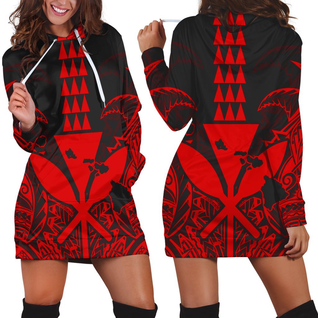 Hawaii Polynesian Kanaka Kakau Hoodie Dress - Alan Style Red - AH Black - Polynesian Pride