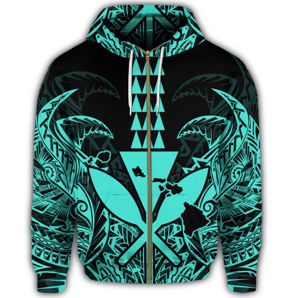 Hawaii Polynesian Zip Hoodie Kanaka Kakau Alan Style Turquoise - Polynesian Pride
