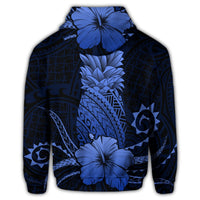 Hawaii Polynesian Zip Hoodie Pineapple Hibiscus Blue - Polynesian Pride