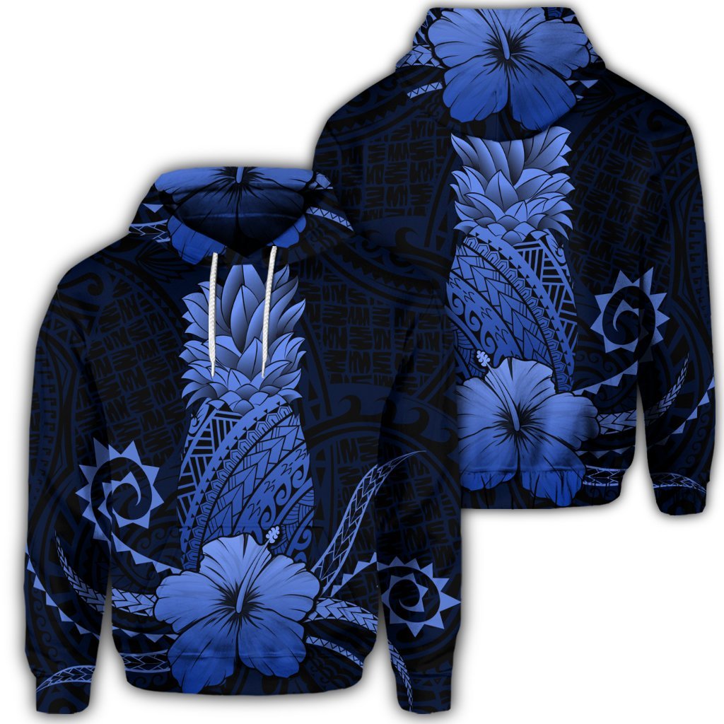 Hawaiian Polynesian Pineapple Hibiscus Hoodie Blue Unisex Art - Polynesian Pride