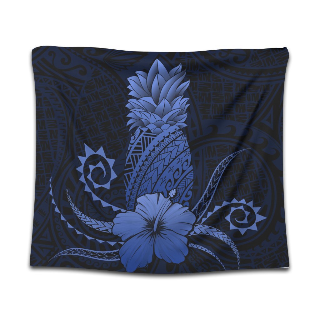 Hawaii Polynesian Pineapple Hibiscus Tapestry - Blue - AH Wall Tapestry Black - Polynesian Pride