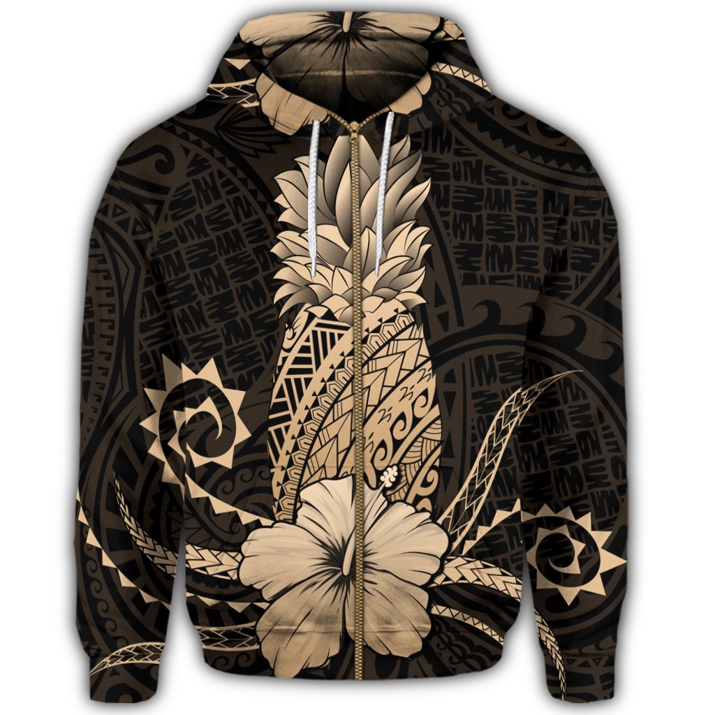 Hawaii Polynesian Zip Hoodie Pineapple Hibiscus Gold - Polynesian Pride
