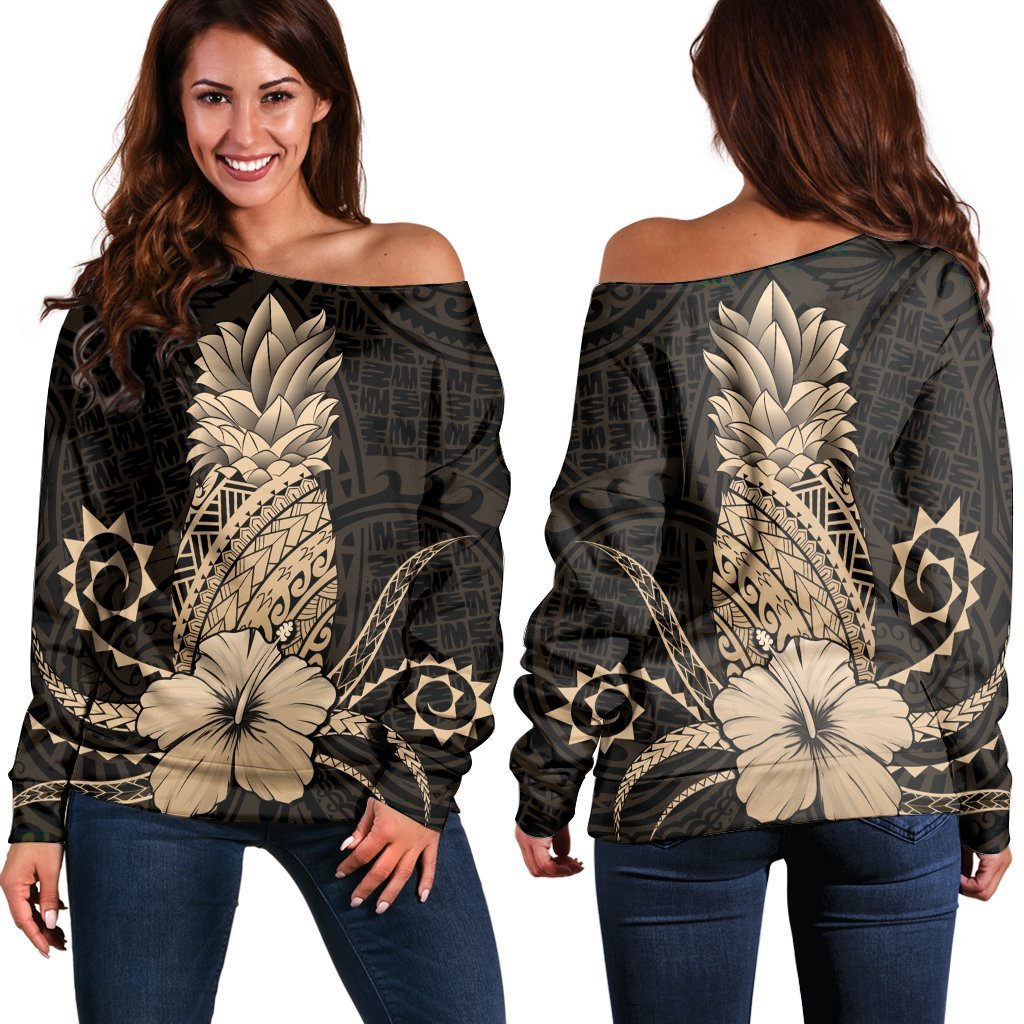 Hawaii Polynesian Pineapple Hibiscus Women's Off Shoulder Sweater - Gold - AH Black - Polynesian Pride