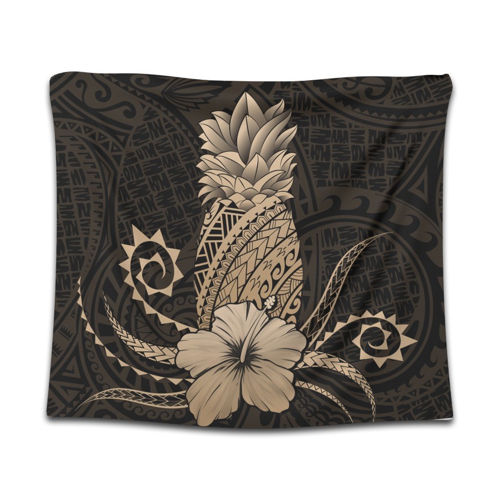 Hawaii Polynesian Pineapple Hibiscus Tapestry - Gold - AH Wall Tapestry Black - Polynesian Pride