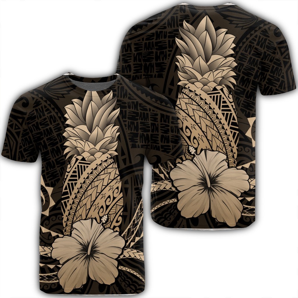 Hawaii Polynesian Pineapple Hibiscus T Shirt Gold Unisex Black - Polynesian Pride