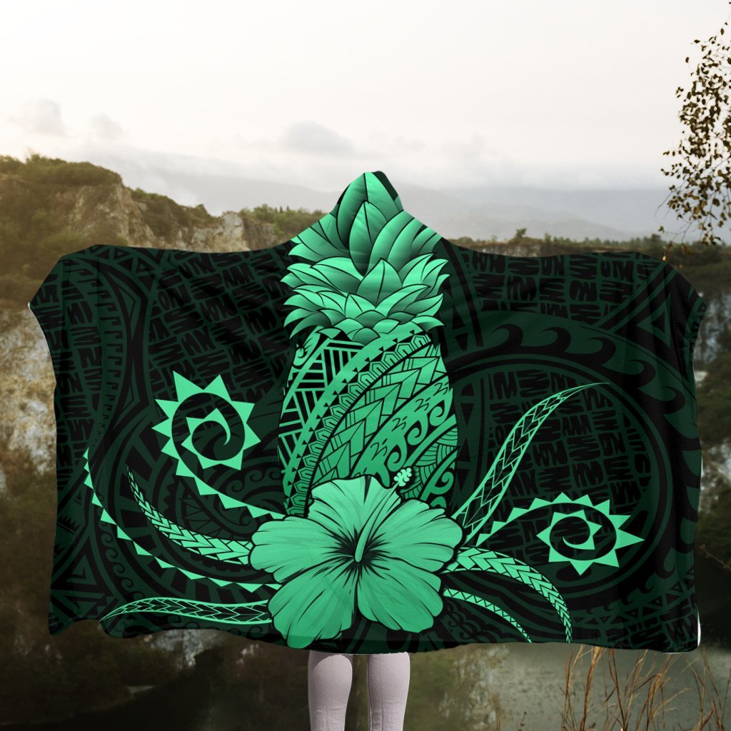 Hawaii Polynesian Pineapple Hibiscus Hooded Blanket - Green - AH - Polynesian Pride