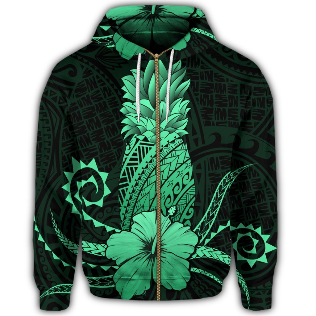 Hawaii Polynesian Zip Hoodie Pineapple Hibiscus Green - Polynesian Pride