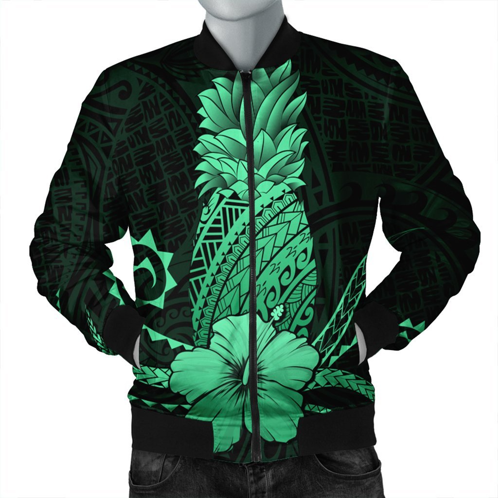 Hawaii Polynesian Pineapple Hibiscus Bomber Jacket - Green - AH Black Unisex - Polynesian Pride