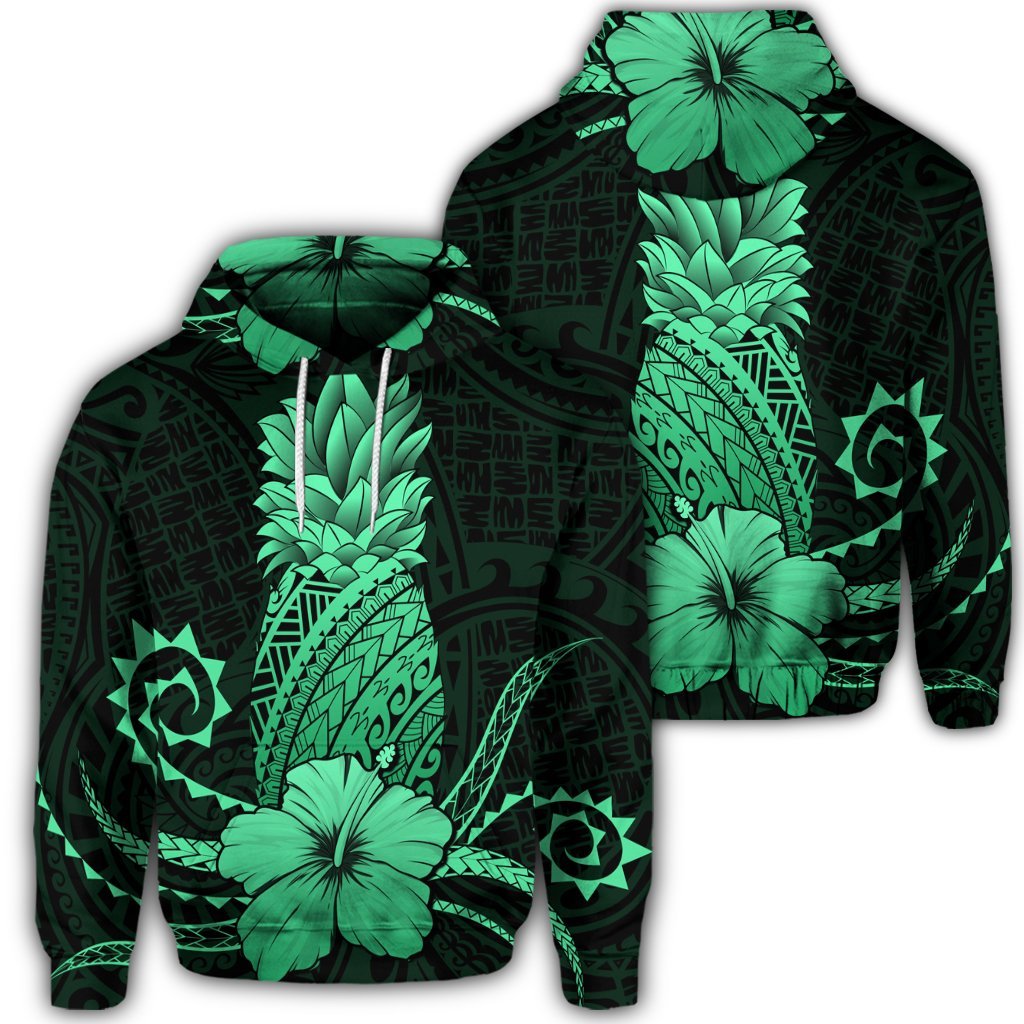 Hawaiian Polynesian Pineapple Hibiscus Hoodie Green Unisex Art - Polynesian Pride