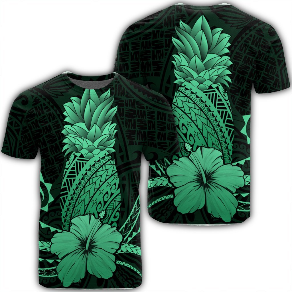 Hawaii Polynesian Pineapple Hibiscus T Shirt Green Unisex Black - Polynesian Pride