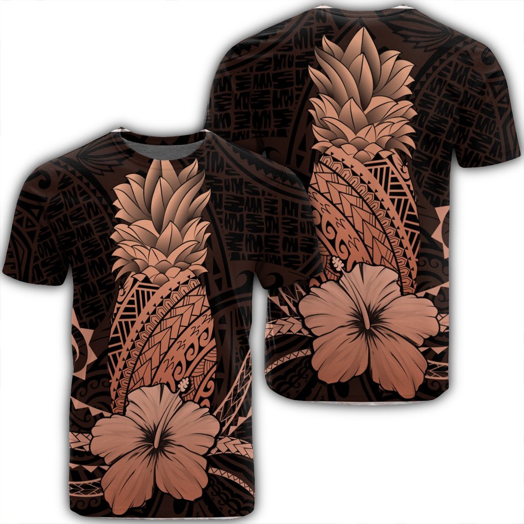 Hawaii Polynesian Pineapple Hibiscus T Shirt Orange Unisex Black - Polynesian Pride