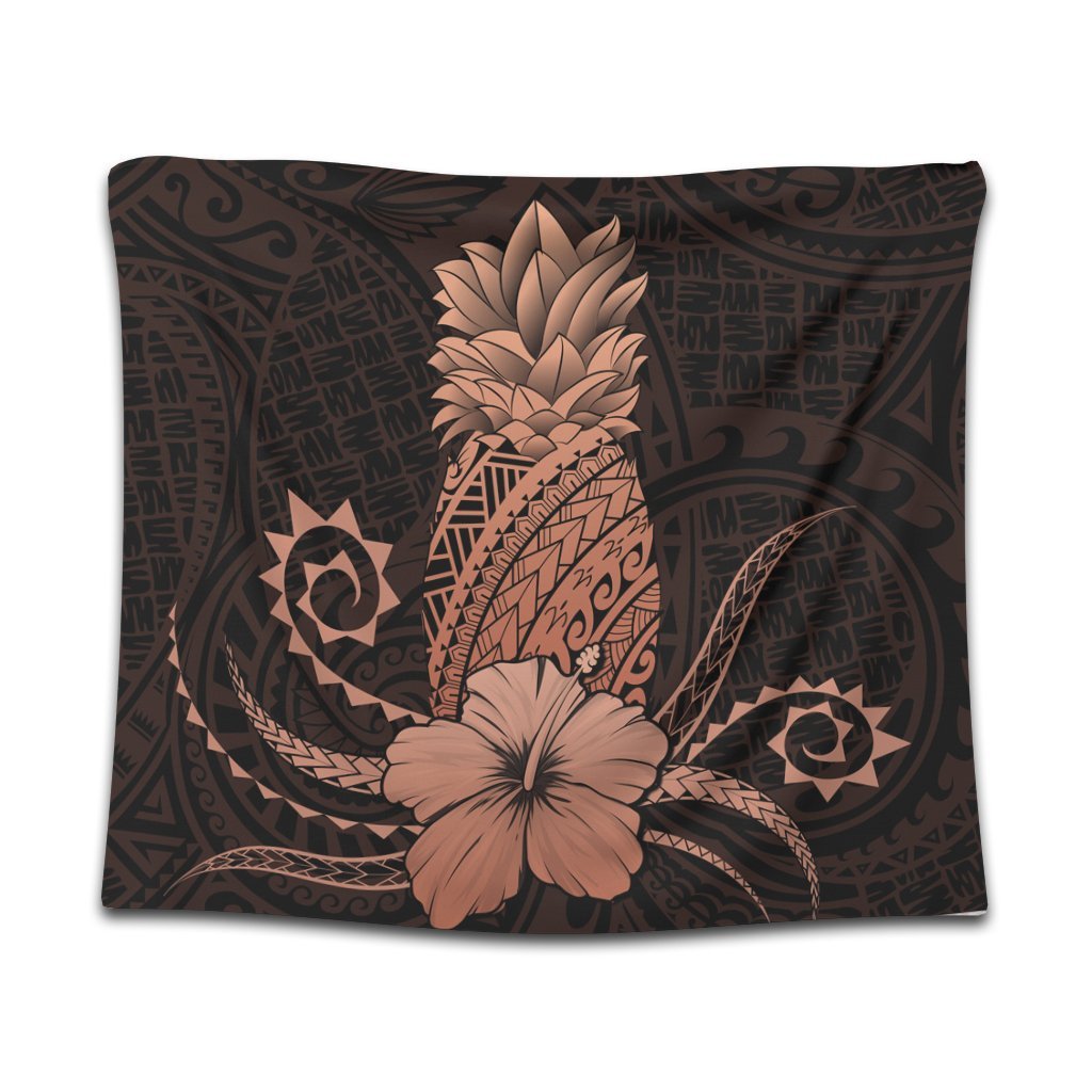 Hawaii Polynesian Pineapple Hibiscus Tapestry - Orange - AH Wall Tapestry Black - Polynesian Pride