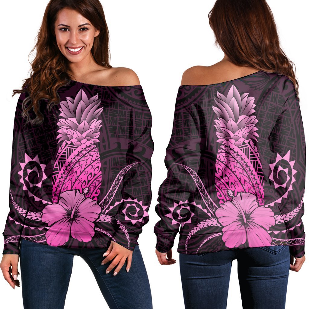 Hawaii Polynesian Pineapple Hibiscus Women's Off Shoulder Sweater - Pink - AH Black - Polynesian Pride