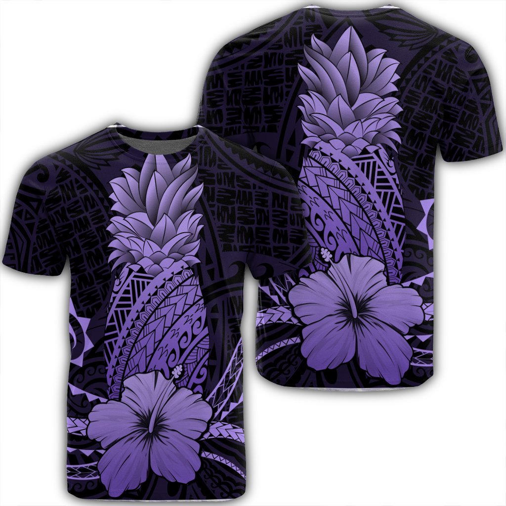 Hawaii Polynesian Pineapple Hibiscus T Shirt Purple Unisex Black - Polynesian Pride