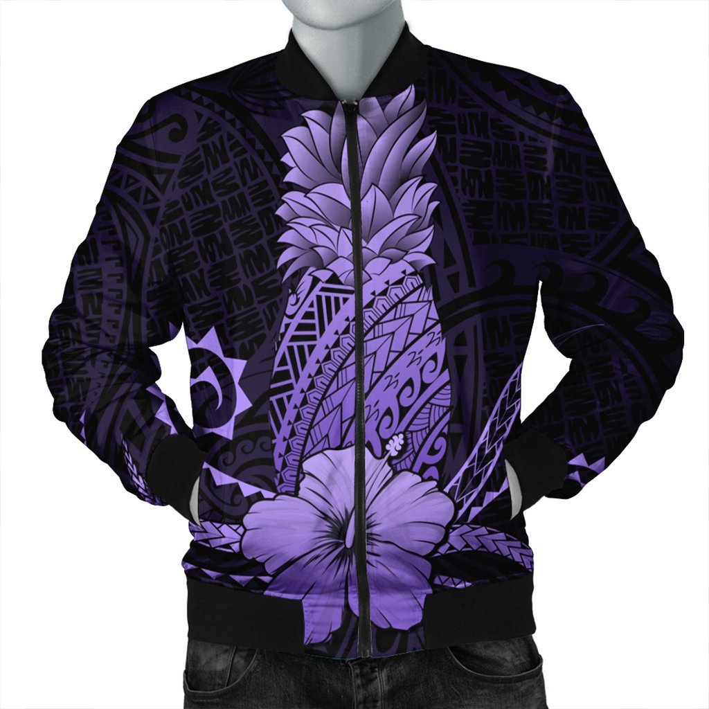 Hawaii Polynesian Pineapple Hibiscus Bomber Jacket - Purple - AH Black Unisex - Polynesian Pride