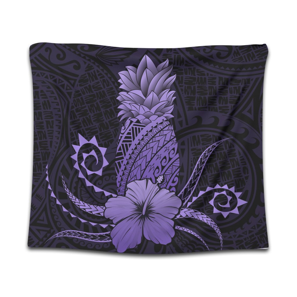 Hawaii Polynesian Pineapple Hibiscus Tapestry - Purple - AH Wall Tapestry Black - Polynesian Pride