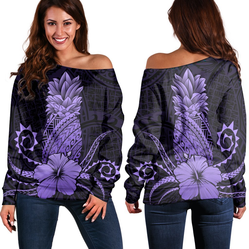 Hawaii Polynesian Pineapple Hibiscus Women's Off Shoulder Sweater - Purple - AH Black - Polynesian Pride