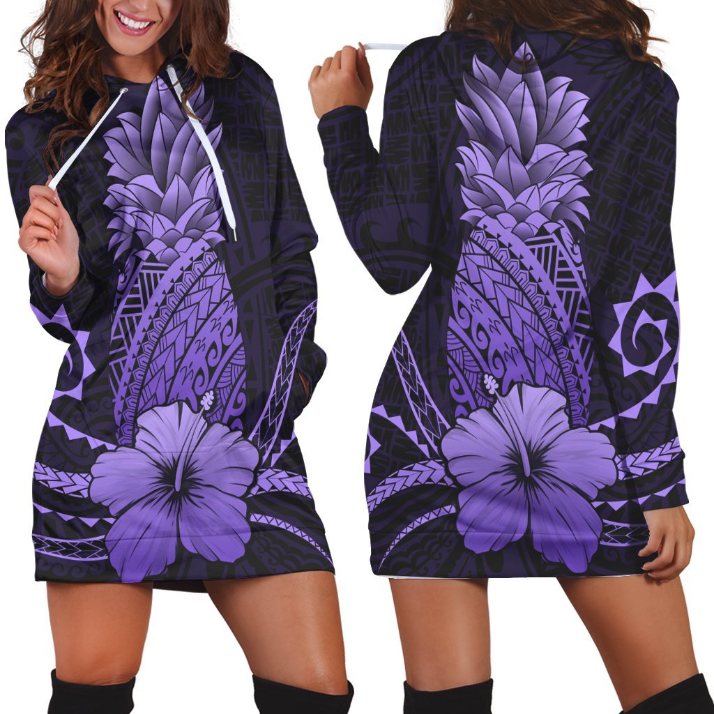 Hawaii Polynesian Pineapple Hibiscus Hoodie Dress - Purple - AH Black - Polynesian Pride