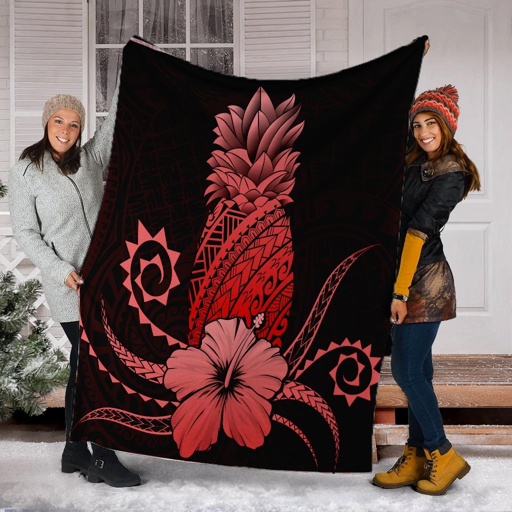 Hawaii Polynesian Pineapple Hibiscus Premium Blankets - Red - AH - Polynesian Pride